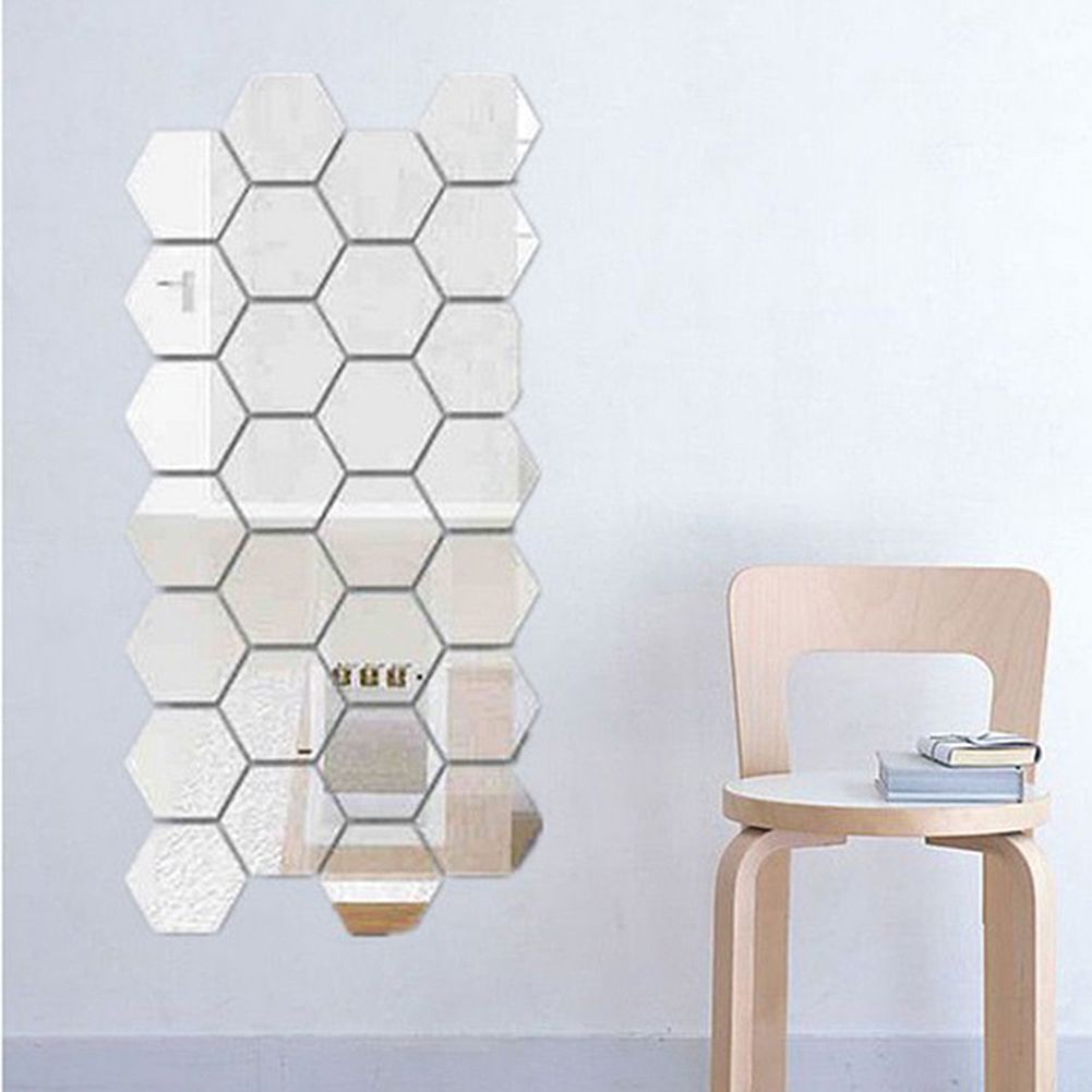 24Pcs Hexagon Mirror Sticker Self Adhesive Mosaic Tiles Bathroom Decorative Mirror Stickers
