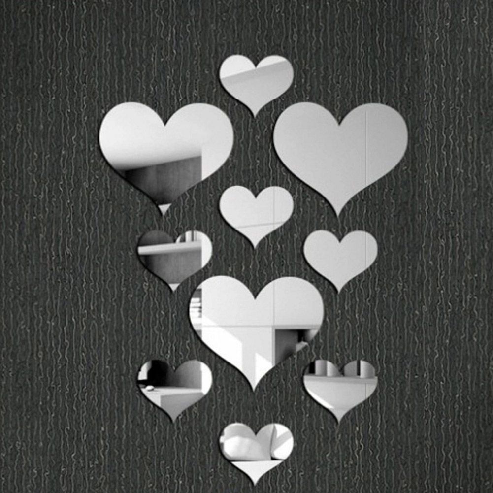 10PCS Heart Shaped Mirror Wall Sticker 3D Mirror Art Decor DIY Wall Decoration