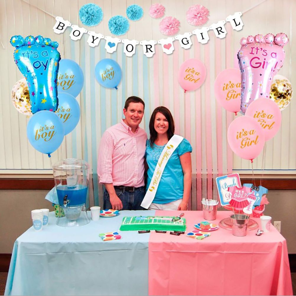 69PCS Baby Gender Reveal Party Supplies Kit Black Balloon Pink Blue Confetti Boy or Girl Banner Party Decorations Photo Props