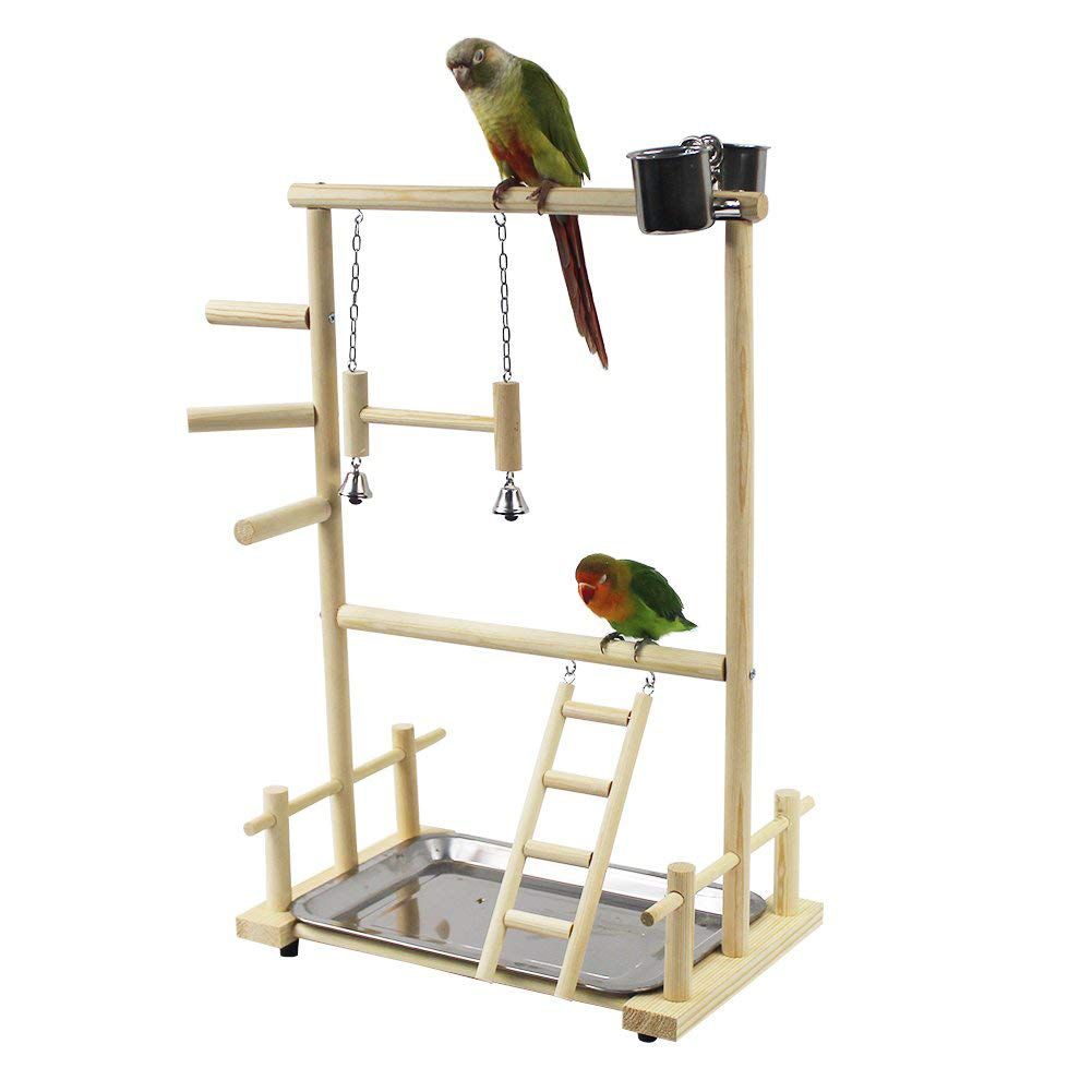 Double Layer Wooden Bird Stand Including Ladder Swing Bell Bird Athletic Toy Stand