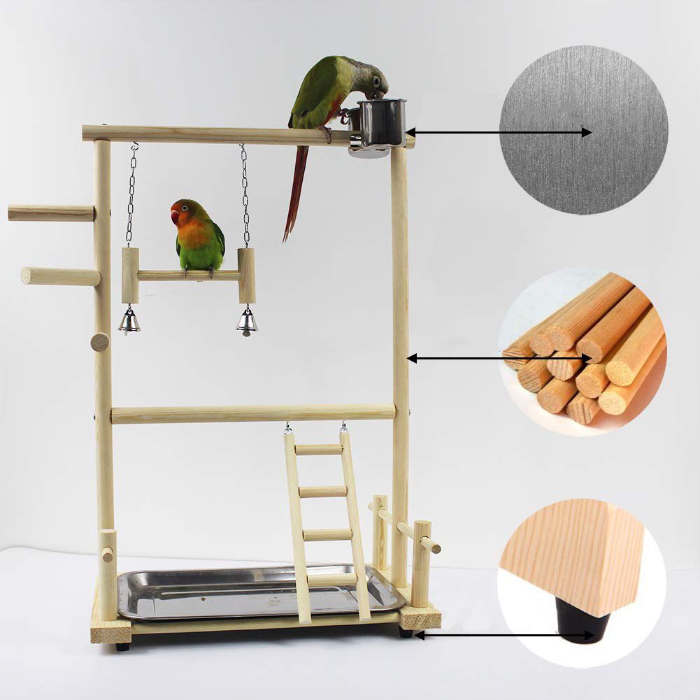 Double Layer Wooden Bird Stand Including Ladder Swing Bell Bird Athletic Toy Stand