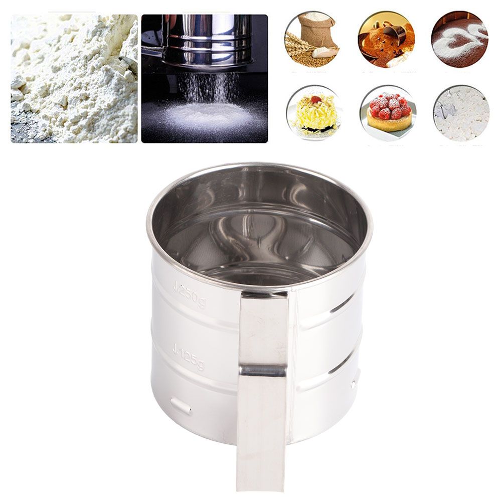 Stainless Steel Shaker Sieve Cup Mesh Crank Flour Sifter with Measuring Scale for Flour Icing Sugar