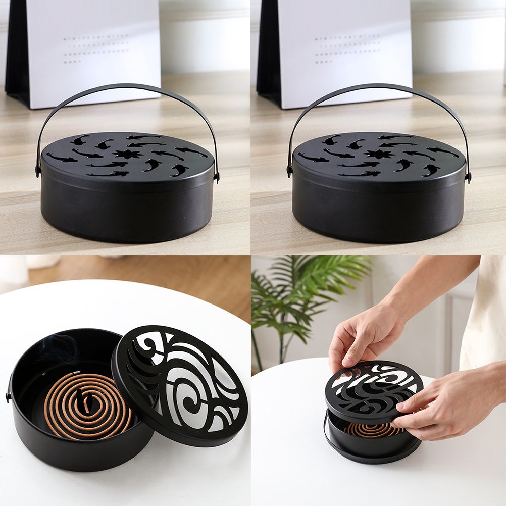Iron Mosquito Coil Holder Hollow Mosquito Coil Box Round Incense with Handle