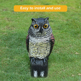 Horned Owl Decoy and 360° Rotating Head Owl Statue to Scare Birds Away for Patio Yard Garden - Front View