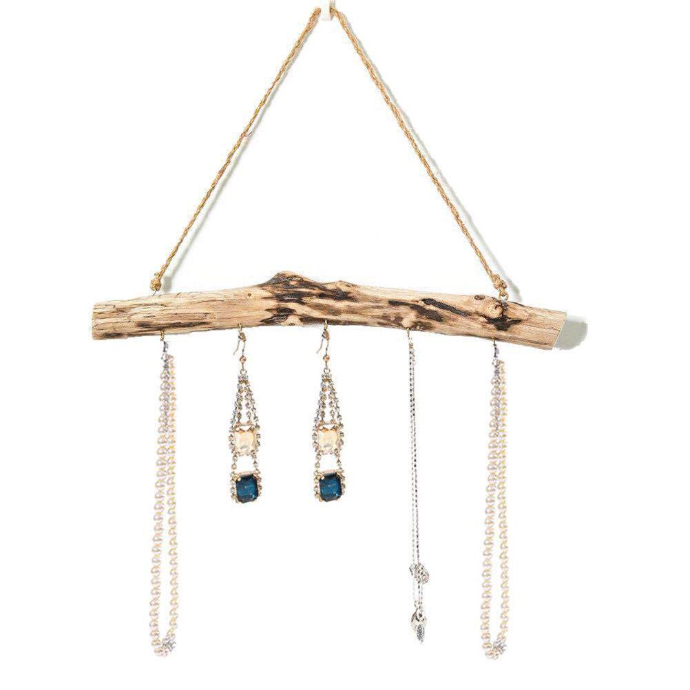 Unique Natural Driftwood Branches Wall Hanging Jewelry Organizers with 5 Hook Necklace Earrings Display