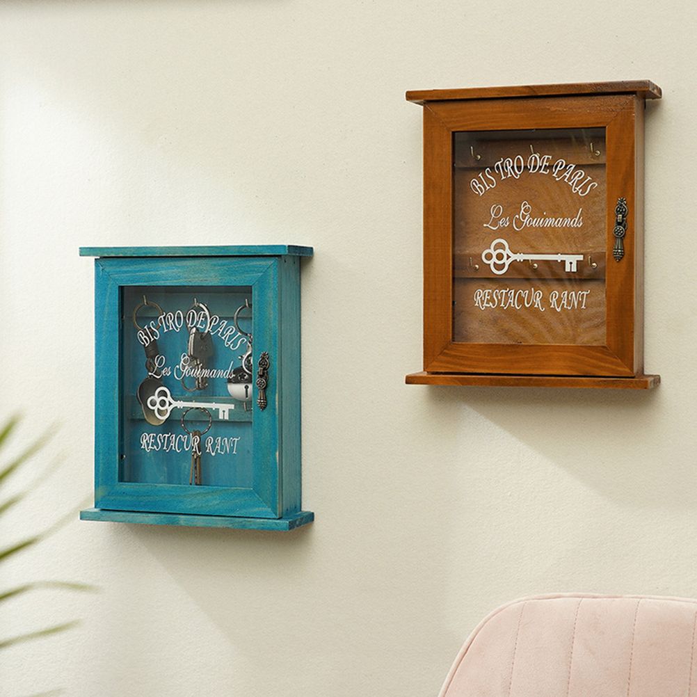 Key Organizer Wooden Key Cabinet Wall Box Beautiful Durable Retro Acrylic Door Key Storage Box