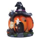 Halloween Witch Pumpkin House Figurine Luminous Resin Pumpkin Statue Crafts Desktop Ornament Halloween Party Decorations Gifts