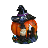 Halloween Witch Pumpkin House Figurine Luminous Resin Pumpkin Statue Crafts Desktop Ornament Halloween Party Decorations Gifts