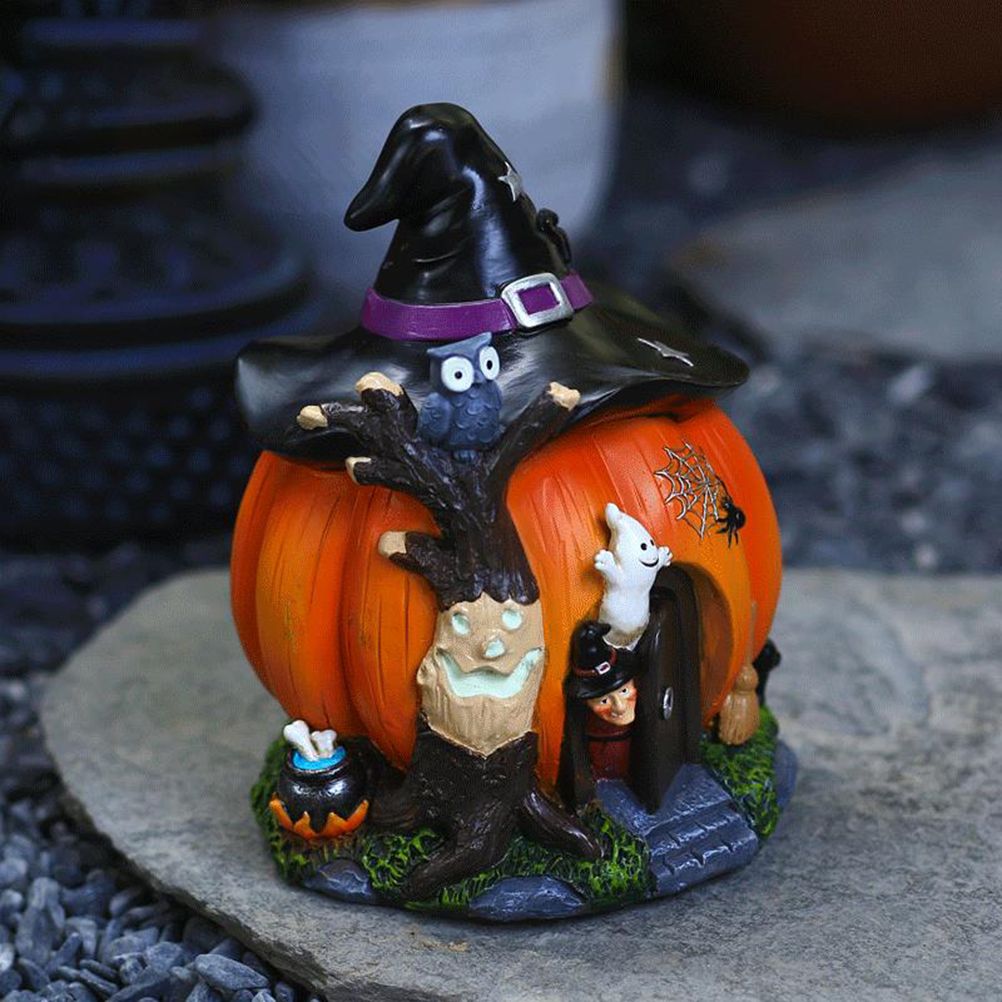 Halloween Witch Pumpkin House Figurine Luminous Resin Pumpkin Statue Crafts Desktop Ornament Halloween Party Decorations Gifts