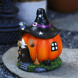 Halloween Witch Pumpkin House Figurine Luminous Resin Pumpkin Statue Crafts Desktop Ornament Halloween Party Decorations Gifts