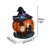 Halloween Witch Pumpkin House Figurine Luminous Resin Pumpkin Statue Crafts Desktop Ornament Halloween Party Decorations Gifts