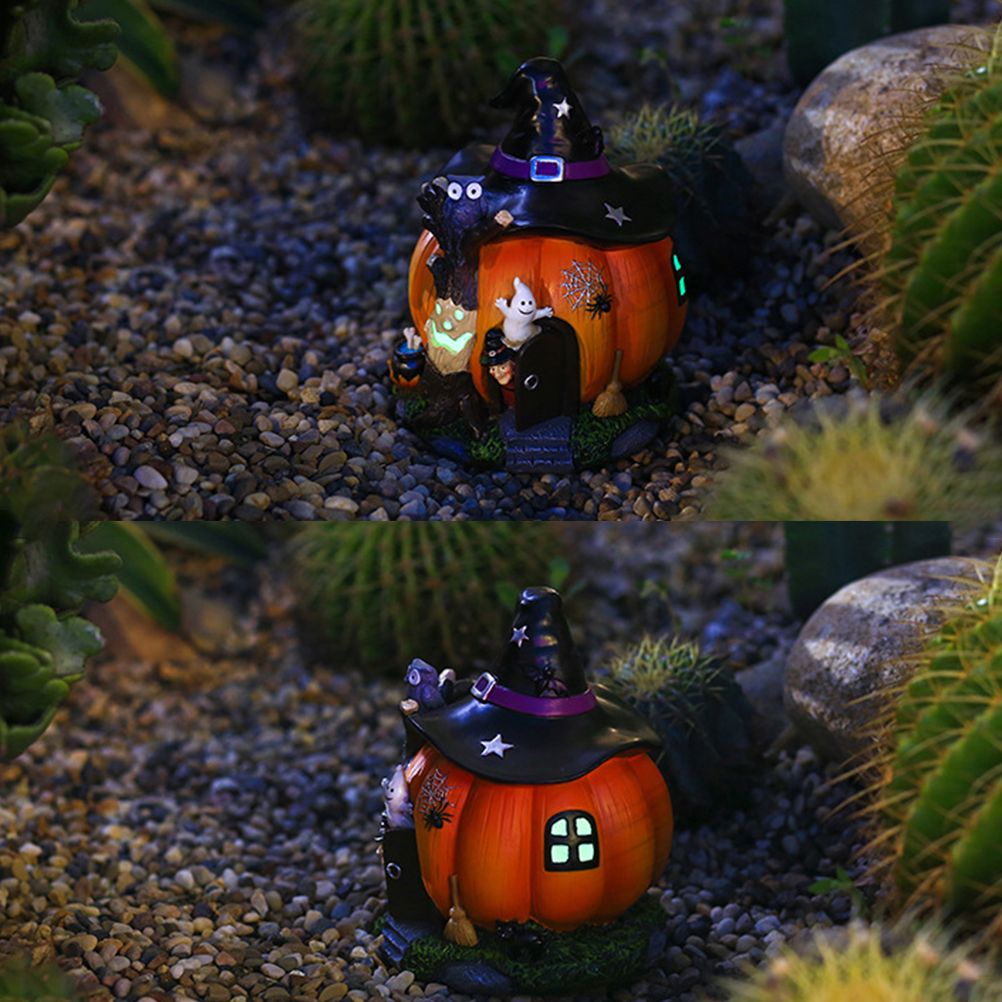 Halloween Witch Pumpkin House Figurine Luminous Resin Pumpkin Statue Crafts Desktop Ornament Halloween Party Decorations Gifts