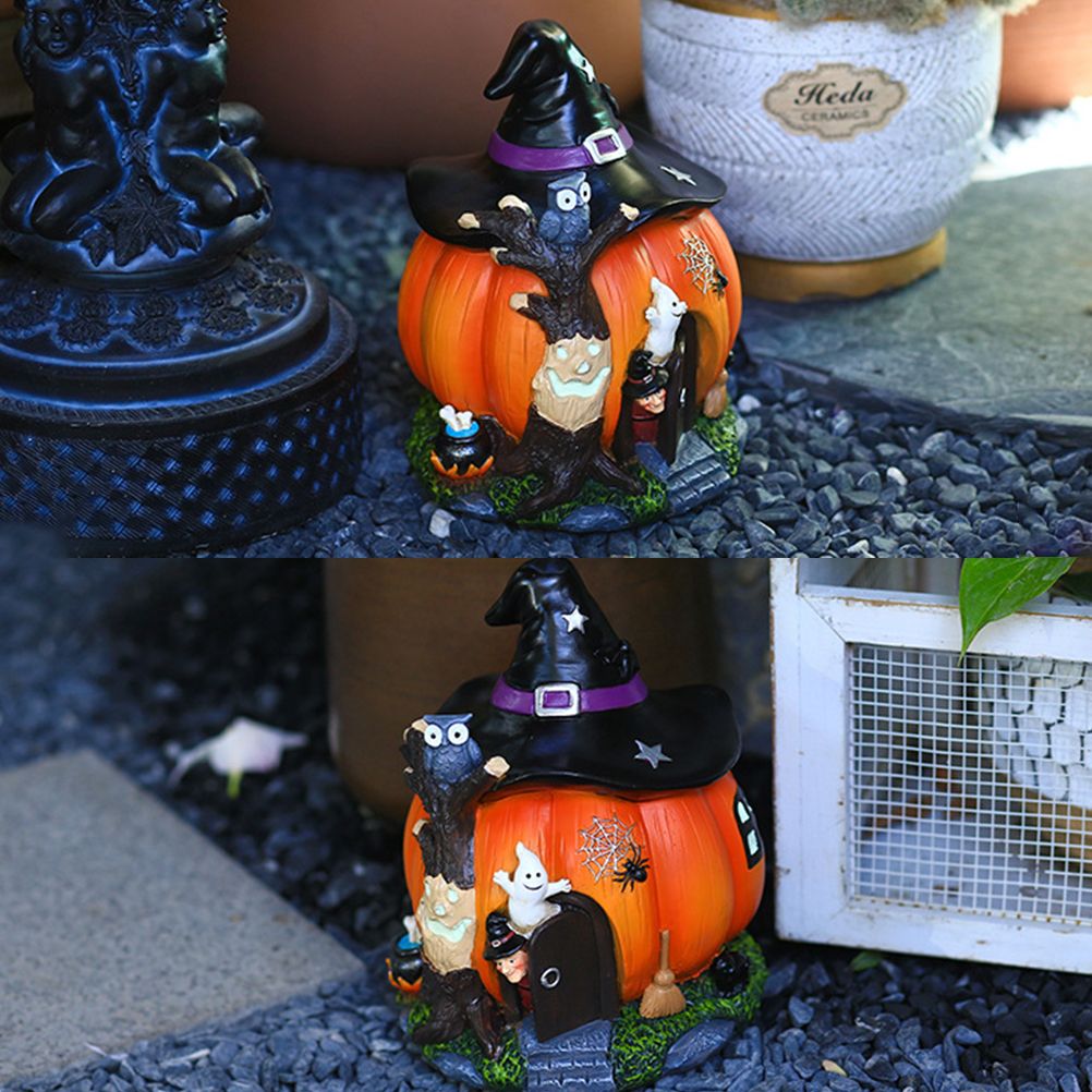 Halloween Witch Pumpkin House Figurine Luminous Resin Pumpkin Statue Crafts Desktop Ornament Halloween Party Decorations Gifts