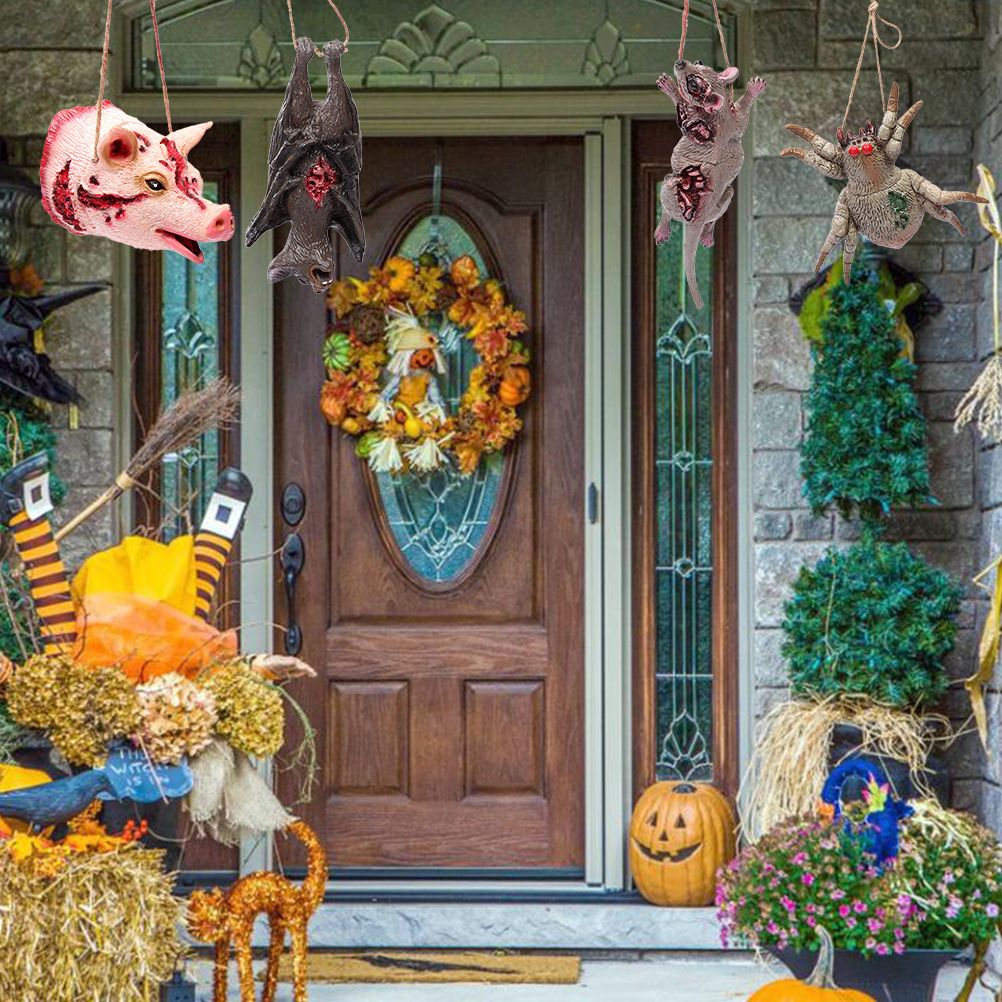 Halloween Hanging Tattered Pig Mouse Spider Bat Prank Props Halloween Party Favors Supplies Haunted House Decorations