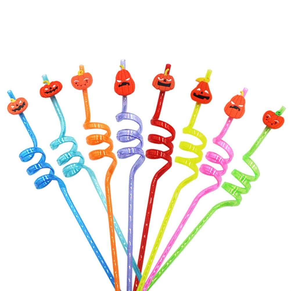 8Pcs Halloween Drinking Straws Reusable Plastic Pumpkin Straws for Halloween Party Favors Supplies Decorations