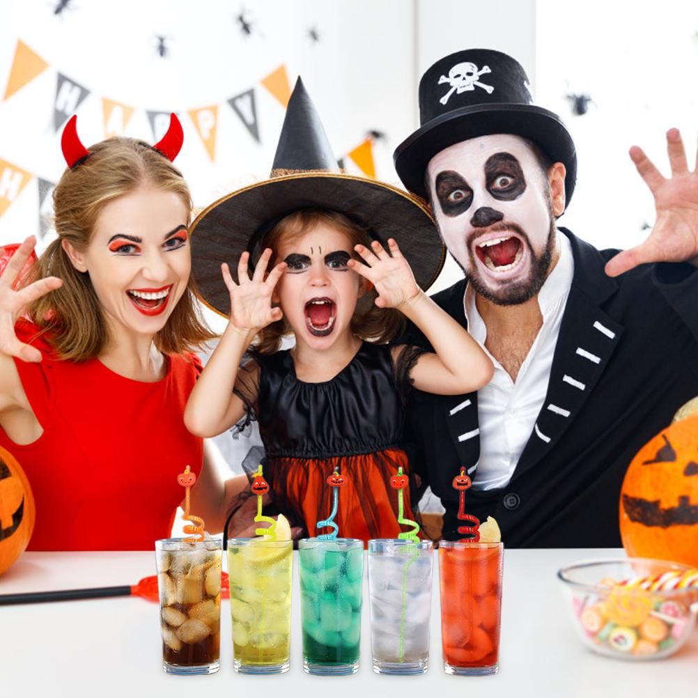 8Pcs Halloween Drinking Straws Reusable Plastic Pumpkin Straws for Halloween Party Favors Supplies Decorations