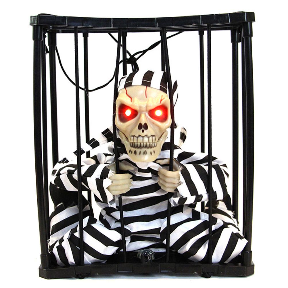 Halloween Scary Screaming Animated Skeleton Cage Prisoner with Light Up Eyes Haunted House Props Halloween Party Decorations