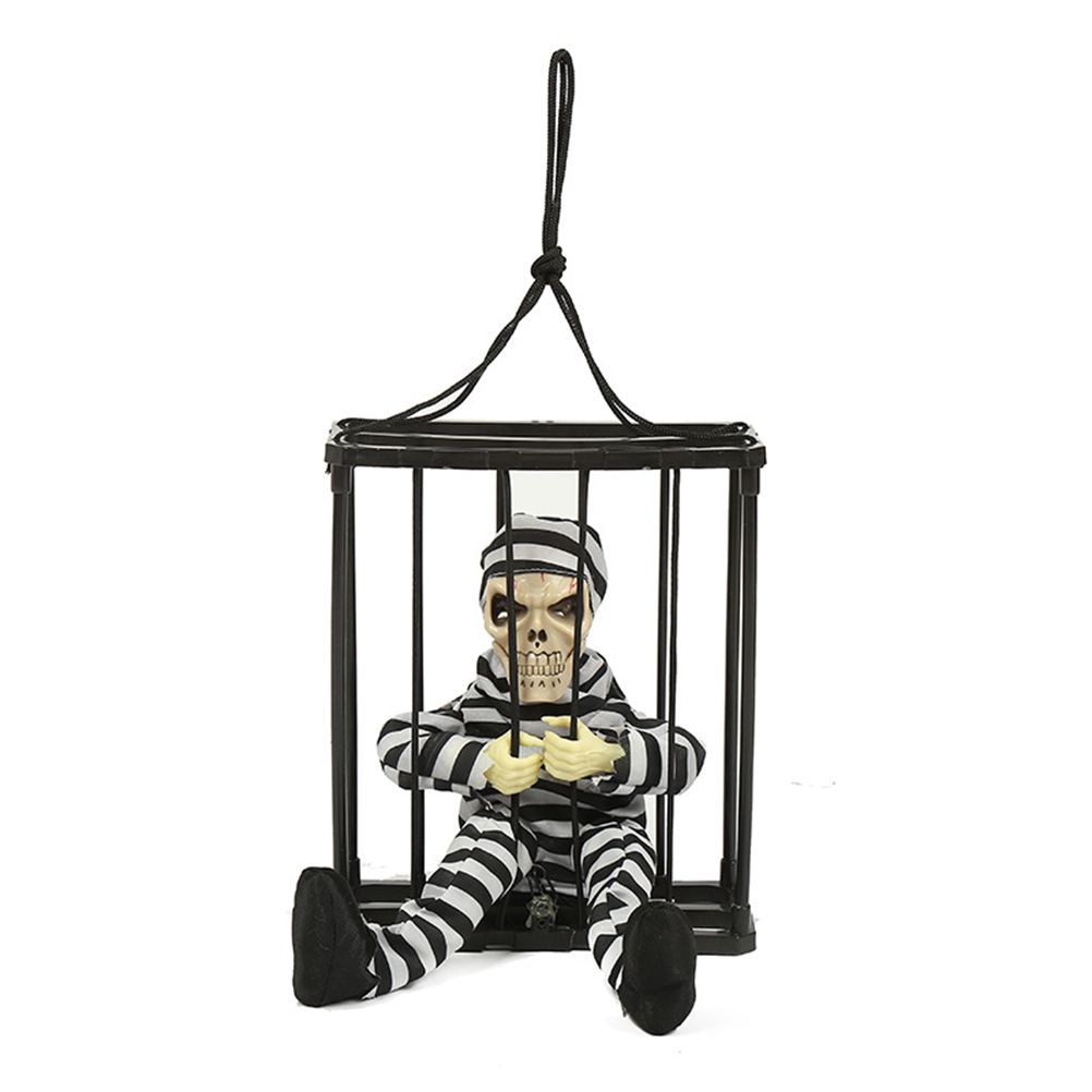 Halloween Scary Screaming Animated Skeleton Cage Prisoner with Light Up Eyes Haunted House Props Halloween Party Decorations