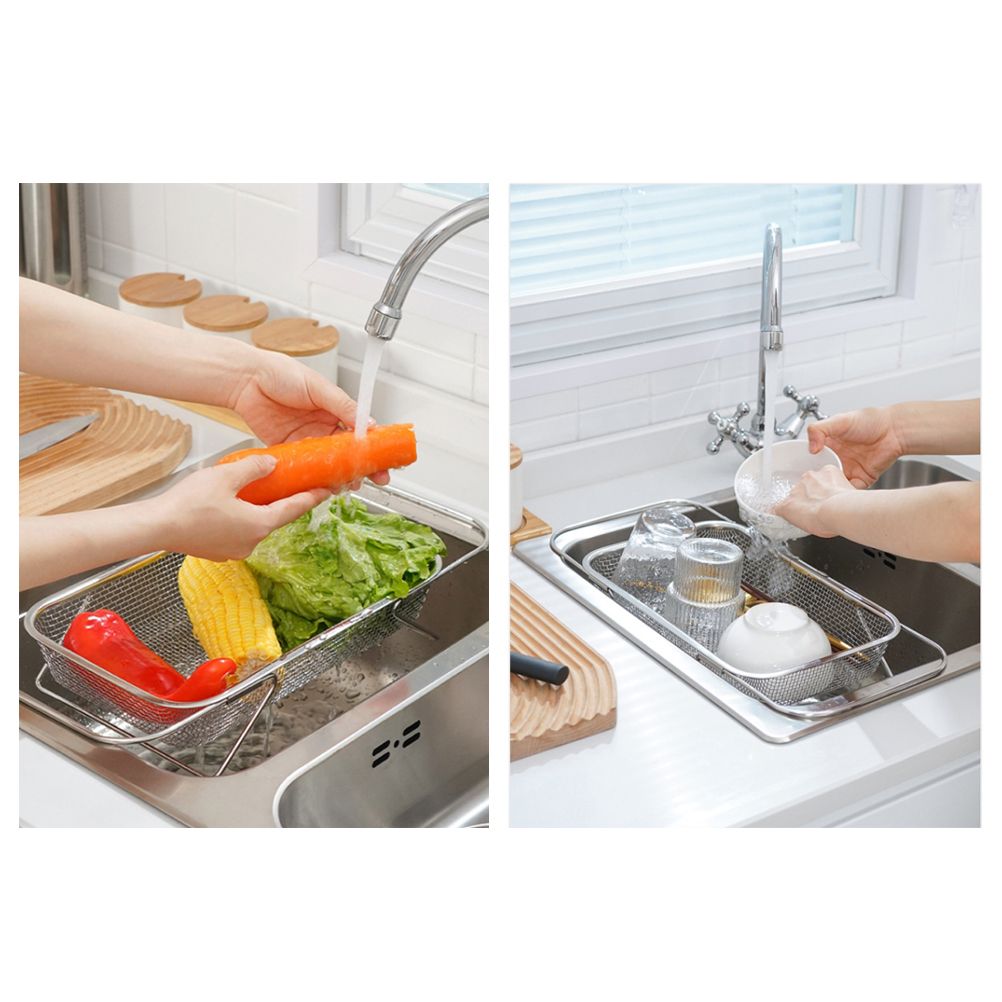Over the Sink Colander Stainless Steel Expandable Strainer Basket Colander with Fine Mesh for Kitchen Sink Strain Drain Rinse Fruits Vegetables
