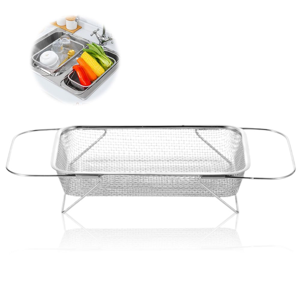 Over the Sink Colander Stainless Steel Expandable Strainer Basket Colander with Fine Mesh for Kitchen Sink Strain Drain Rinse Fruits Vegetables