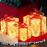 Set of 3 Christmas Lighted Gift Boxes Decorations Transparent Lighted Boxes with Red Bows Christmas Tree Skirt Ornament Xmas Tree Party Holiday Decor - Top-Down View