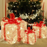 Set of 3 Christmas Lighted Gift Boxes Decorations Transparent Lighted Boxes with Red Bows Christmas Tree Skirt Ornament Xmas Tree Party Holiday Decor - Rear View