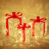 Set of 3 Christmas Lighted Gift Boxes Decorations Transparent Lighted Boxes with Red Bows Christmas Tree Skirt Ornament Xmas Tree Party Holiday Decor - Close-Up Angle