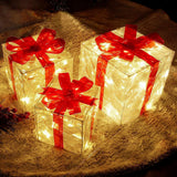 Set of 3 Christmas Lighted Gift Boxes Decorations Transparent Lighted Boxes with Red Bows Christmas Tree Skirt Ornament Xmas Tree Party Holiday Decor - Low Angle