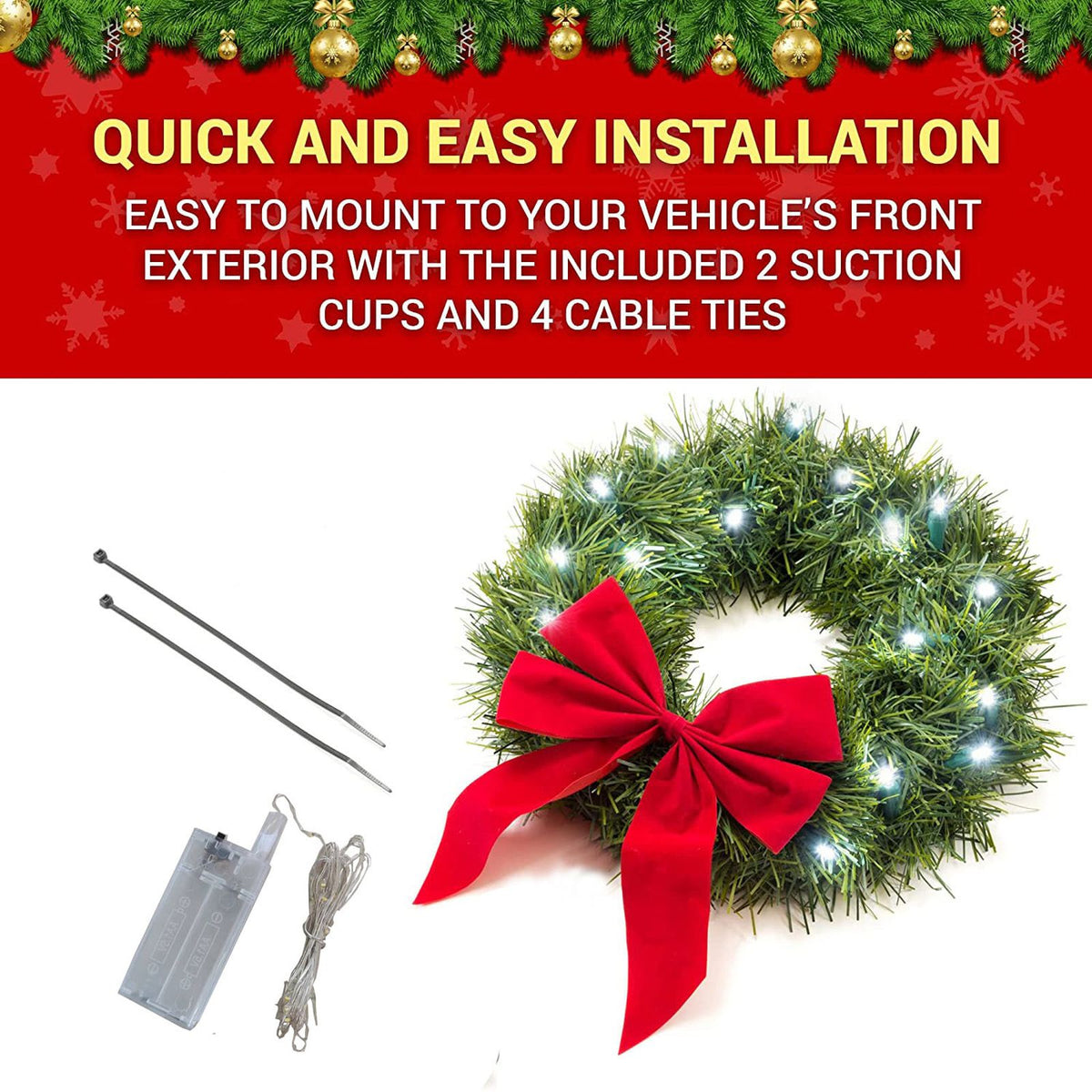 Car Christmas Wreath Decoration with Lights Suitable for Truck SUVs