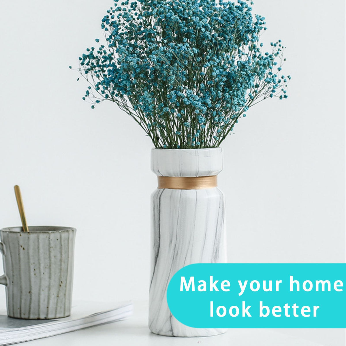White Ceramics Vase Water Transfer Printed Marble Flower Vase for Bedroom Living Room Cafe Restaurant Office