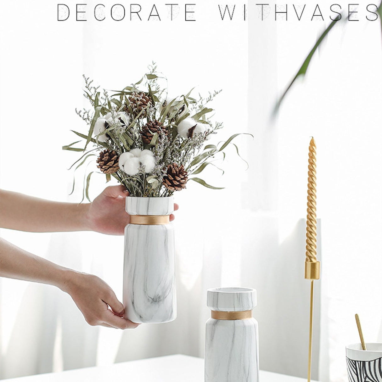 White Ceramics Vase Water Transfer Printed Marble Flower Vase for Bedroom Living Room Cafe Restaurant Office