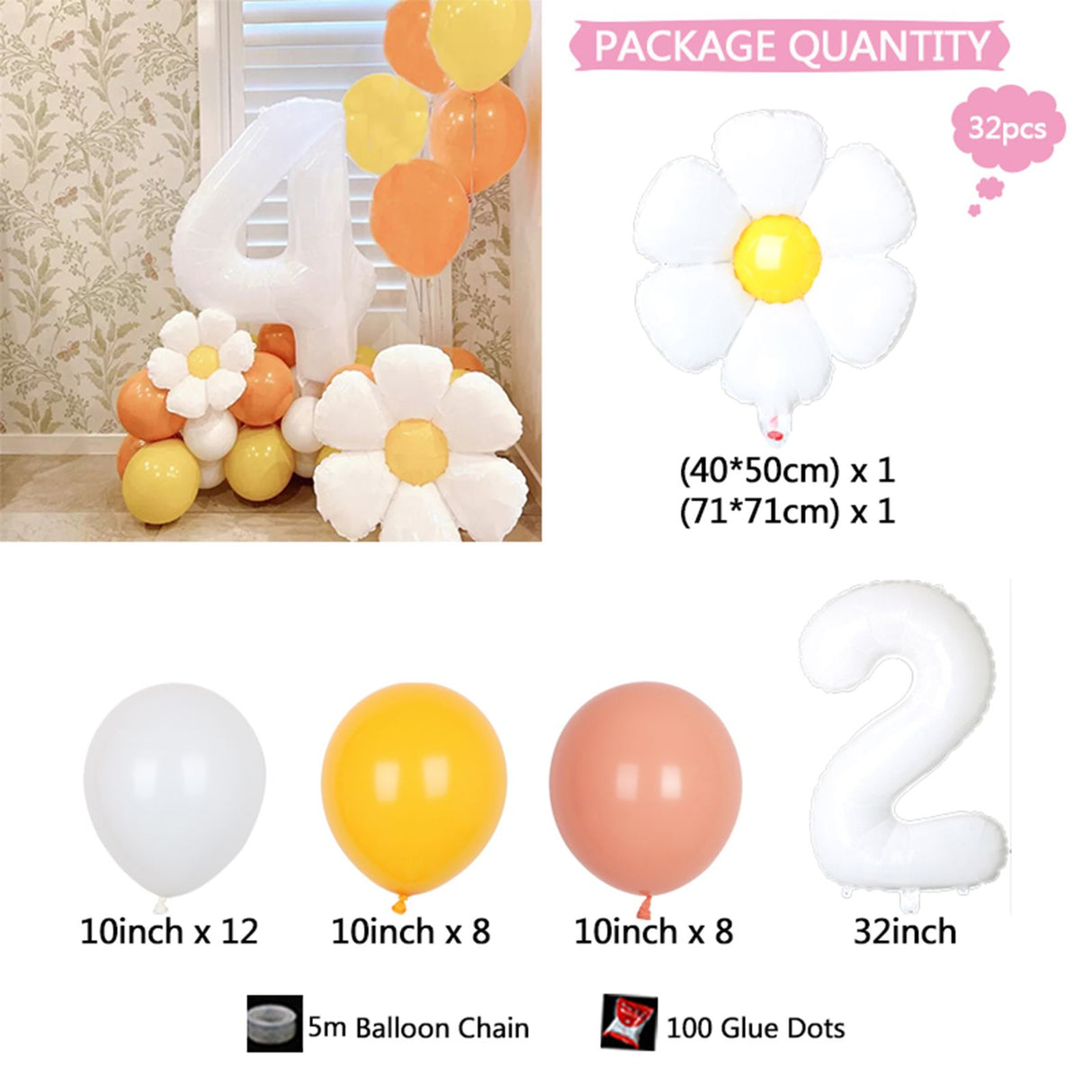Daisy Balloons Set Aluminum Film Reusable Party Decoration Balloons for Baby Shower Wedding Birthday