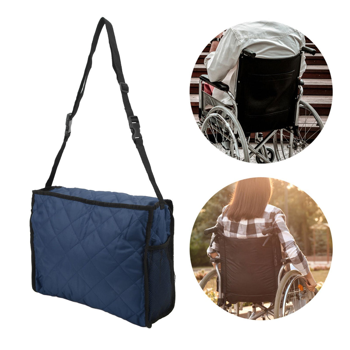 Wheelchair Hanging Storage Bag Quilted Cotton Household Walker Accessories for Scooter Trolley Navy Blue