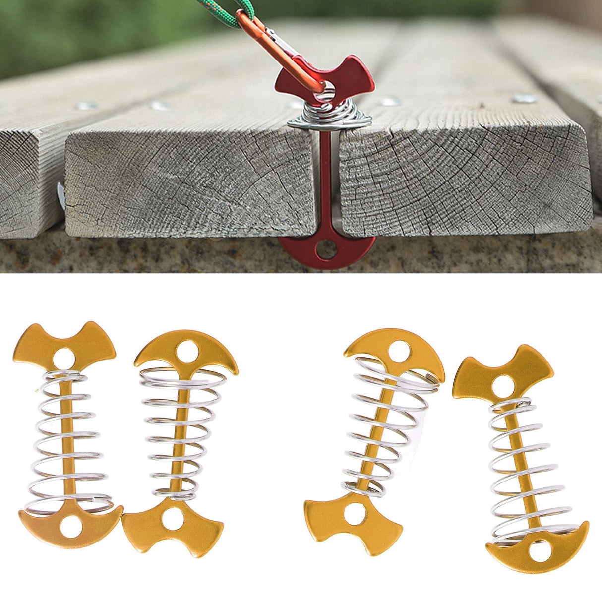 4pcs Fishbone Tent Nails Aluminum Alloy Stainless Steel Extended Plank Floor Canopy Stakes with Spring Gold