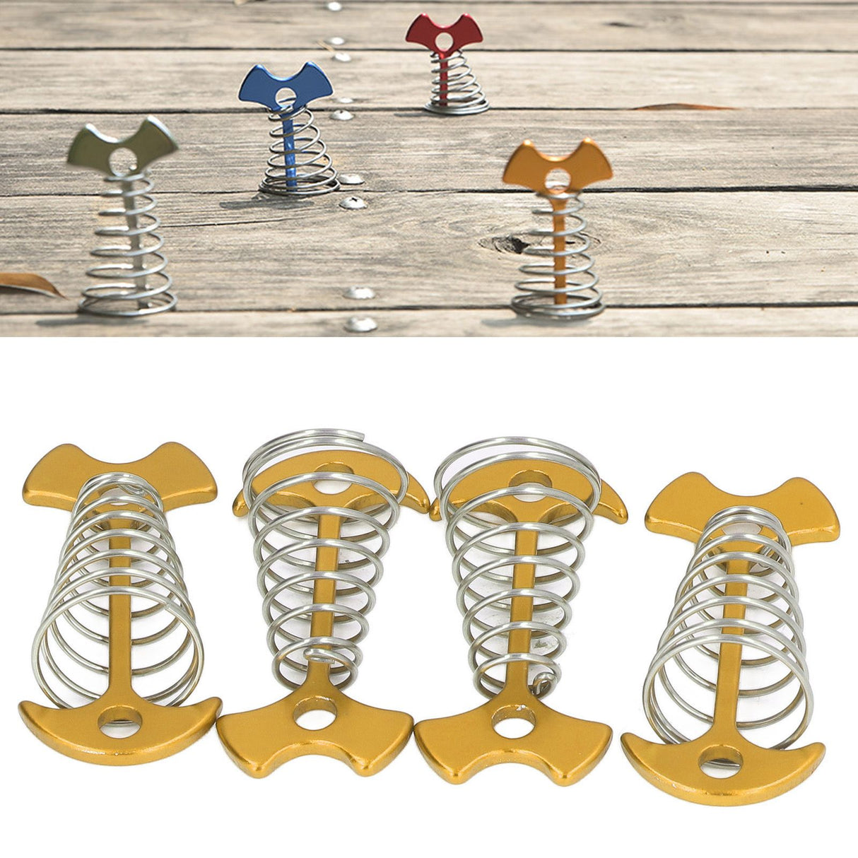 4pcs Fishbone Tent Nails Aluminum Alloy Stainless Steel Extended Plank Floor Canopy Stakes with Spring Gold