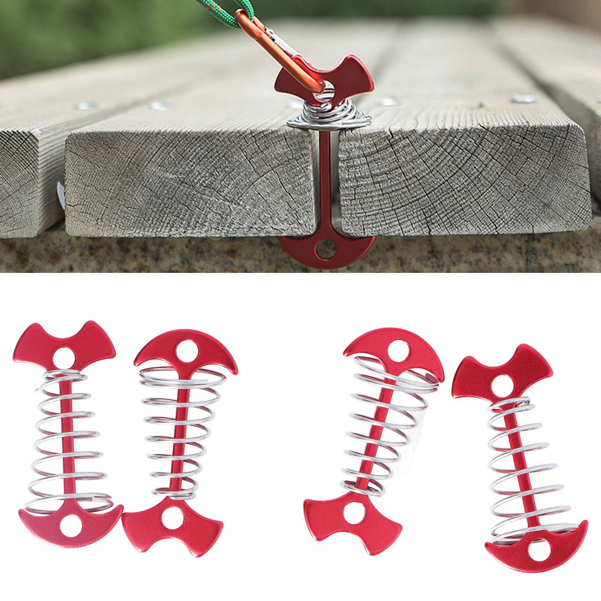 4pcs Fishbone Tent Nails Aluminum Alloy Stainless Steel Extended Plank Floor Canopy Stakes with Spring Red