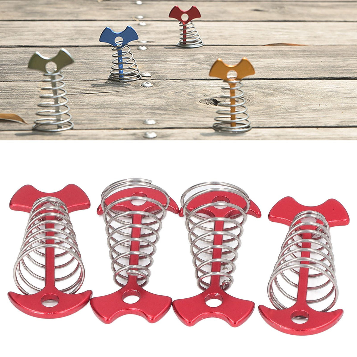 4pcs Fishbone Tent Nails Aluminum Alloy Stainless Steel Extended Plank Floor Canopy Stakes with Spring Red