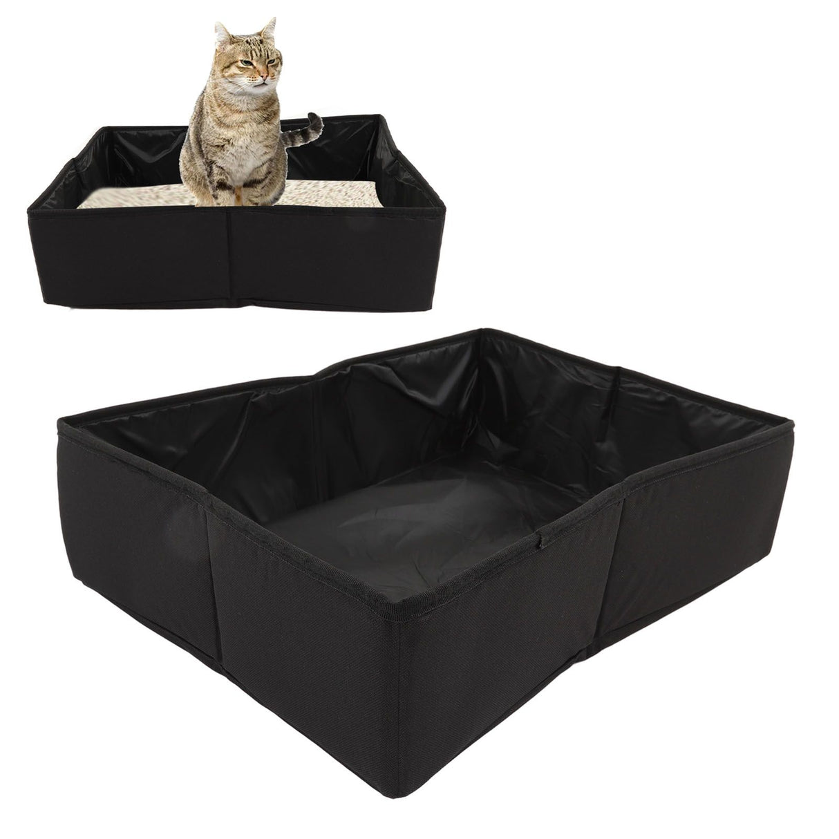 Collapsible Cat Litter Box Cloth Waterproof Outdoor Portable Cat Litter Box for Travel M Black