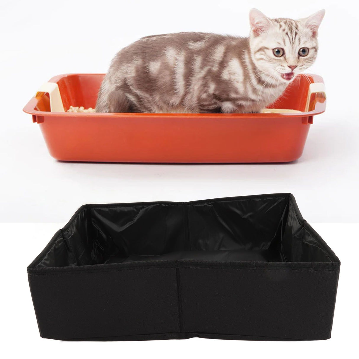 Collapsible Cat Litter Box Cloth Waterproof Outdoor Portable Cat Litter Box for Travel M Black