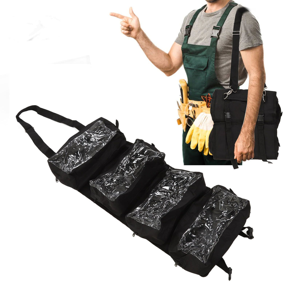Roll Up Tool Bag 600D Oxford Cloth Detachable Storage Shoulder Bag for Hardware Electrician Tool Black