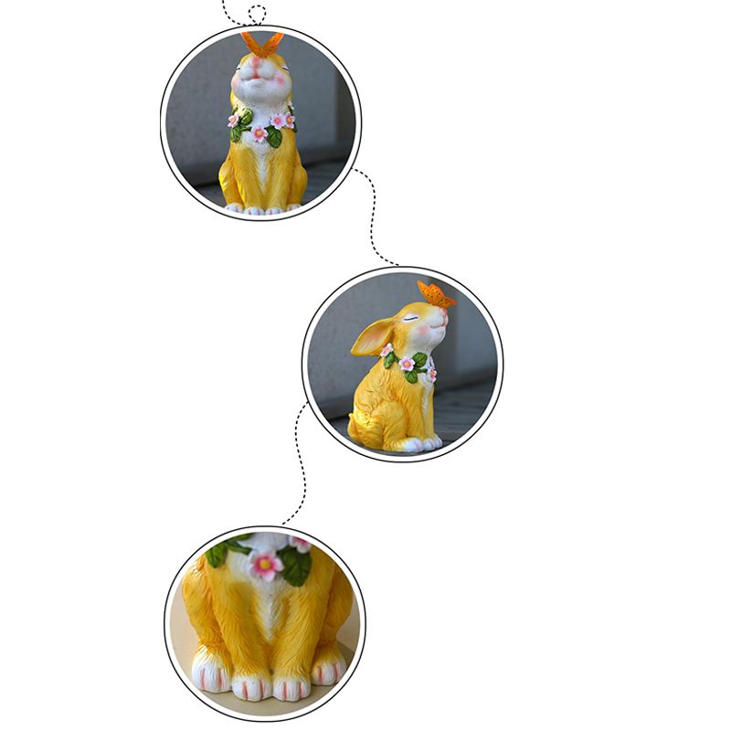 Solar Garden Statues Rabbits with Butterflies Solar Charging Hand Painted Synthetic Resin Solar Statues Lights Yellow