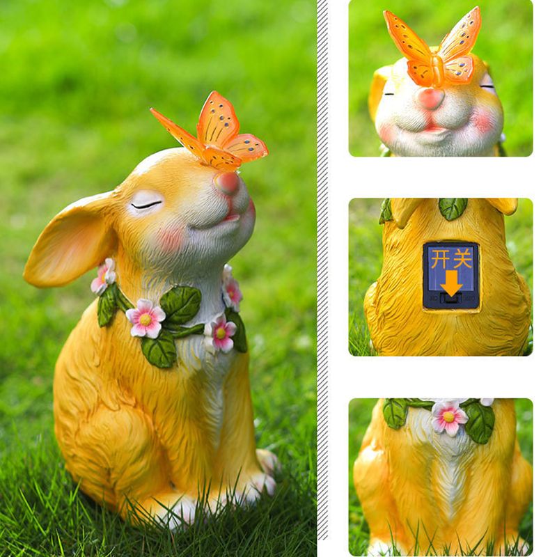 Solar Garden Statues Rabbits with Butterflies Solar Charging Hand Painted Synthetic Resin Solar Statues Lights Yellow