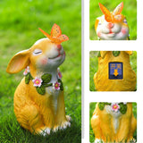 Solar Garden Statues Rabbits with Butterflies Solar Charging Hand Painted Synthetic Resin Solar Statues Lights Yellow - Side View