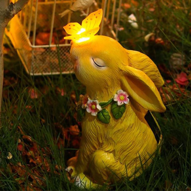 Solar Garden Statues Rabbits with Butterflies Solar Charging Hand Painted Synthetic Resin Solar Statues Lights Yellow