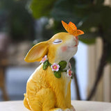 Solar Garden Statues Rabbits with Butterflies Solar Charging Hand Painted Synthetic Resin Solar Statues Lights Yellow - Rear View