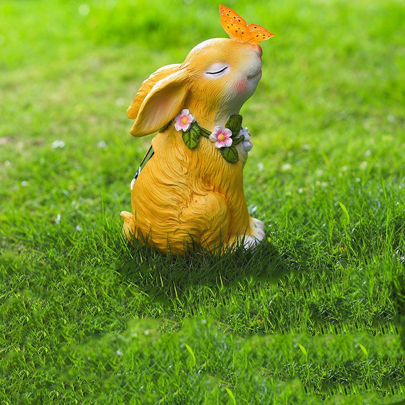 Solar Garden Statues Rabbits with Butterflies Solar Charging Hand Painted Synthetic Resin Solar Statues Lights Yellow