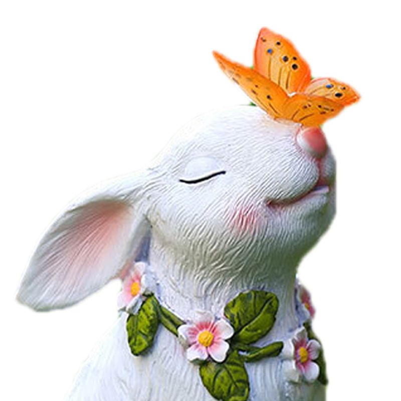 Solar Garden Statues Rabbits with Butterflies Solar Charging Hand Painted Synthetic Resin Solar Statues Lights White