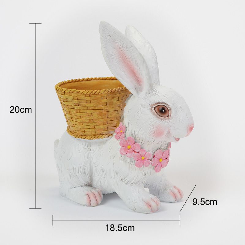 Rabbit Flowerpot Resin Process Rabbit Ornament with Back Basket Outdoor Decoration for Courtyard Garden White