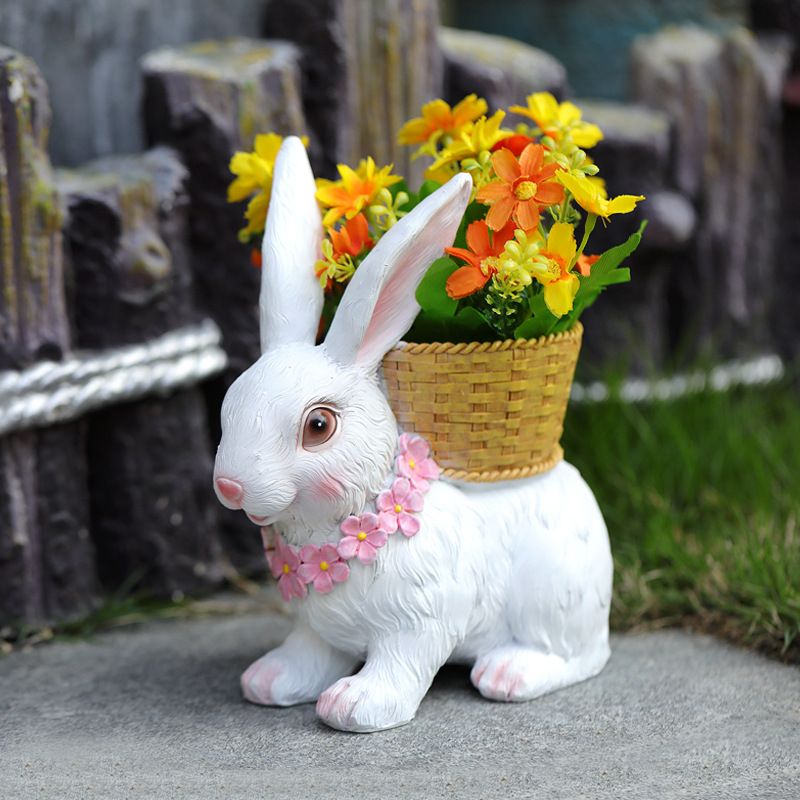 Rabbit Flowerpot Resin Process Rabbit Ornament with Back Basket Outdoor Decoration for Courtyard Garden White