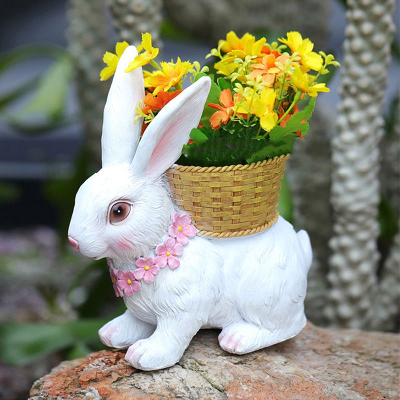 Rabbit Flowerpot Resin Process Rabbit Ornament with Back Basket Outdoor Decoration for Courtyard Garden White